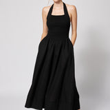 Linen Cotton Smocked Halter Dress Black
