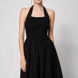 Linen Cotton Smocked Halter Dress Black