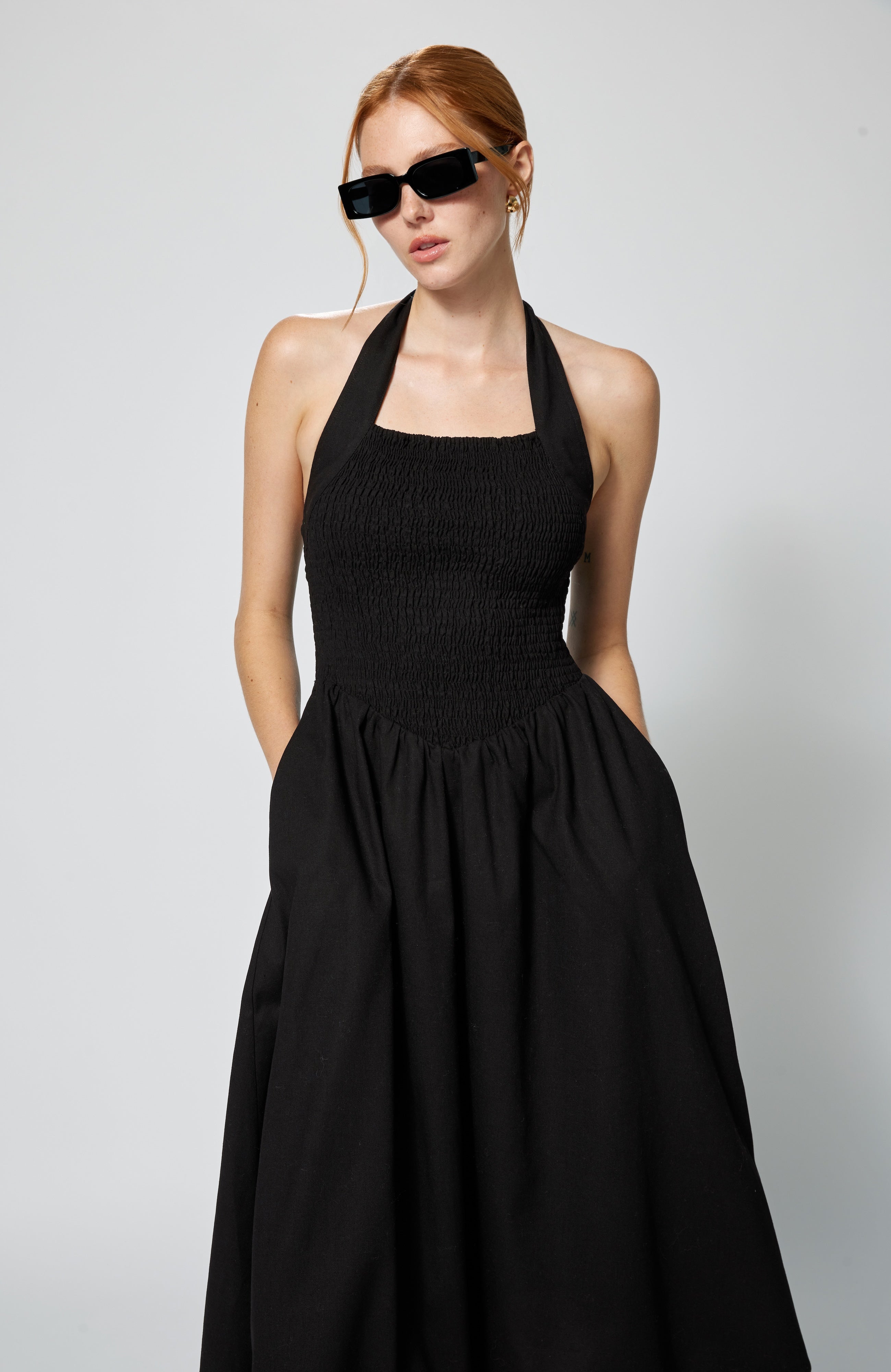 Linen Cotton Smocked Halter Dress Black Amanda Maria Linen Cotton Smocked Halter Dress Black Amanda Maria