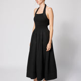 Linen Cotton Smocked Halter Dress Black