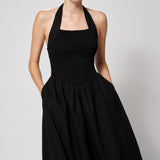 Linen Cotton Smocked Halter Dress Black