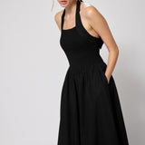 Linen Cotton Smocked Halter Dress Black