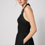 Linen Cotton Smocked Halter Dress Black