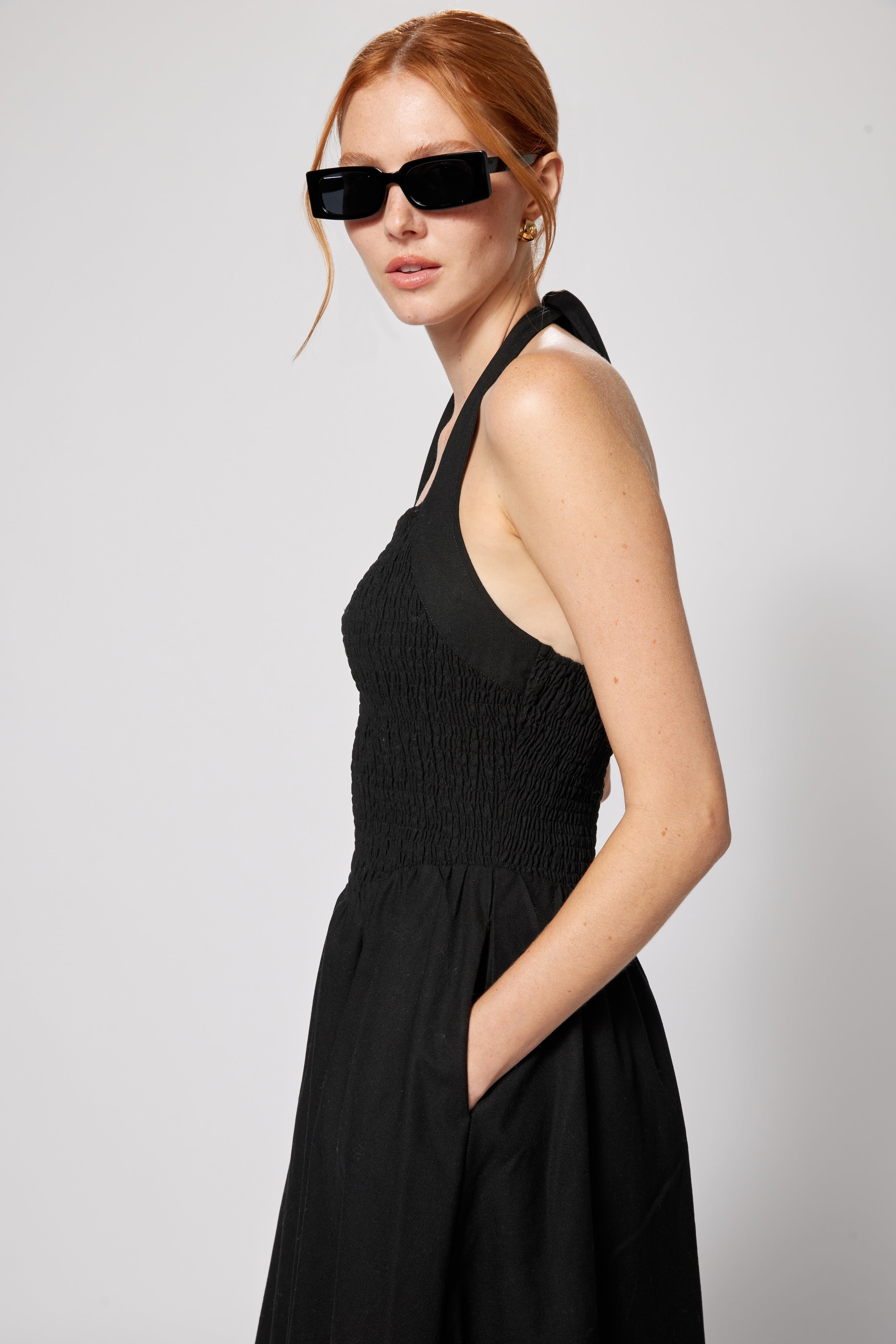 Linen Cotton Smocked Halter Dress Black Amanda Maria Linen Cotton Smocked Halter Dress Black Amanda Maria