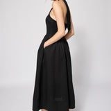 Linen Cotton Smocked Halter Dress Black