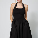 Linen Cotton Smocked Halter Dress Black