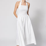 Linen Cotton Smocked Halter Dress White