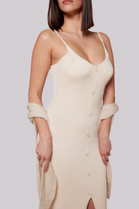 Ribbed Button Front Dress Cream
