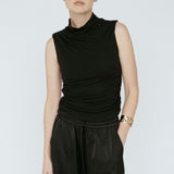 Bamboo Pleated Mockneck Tank Black