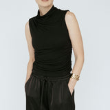 Bamboo Pleated Mockneck Tank Black