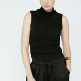 Bamboo Pleated Mockneck Tank Black