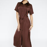 Butter Satin Shirt Dress Mahogany