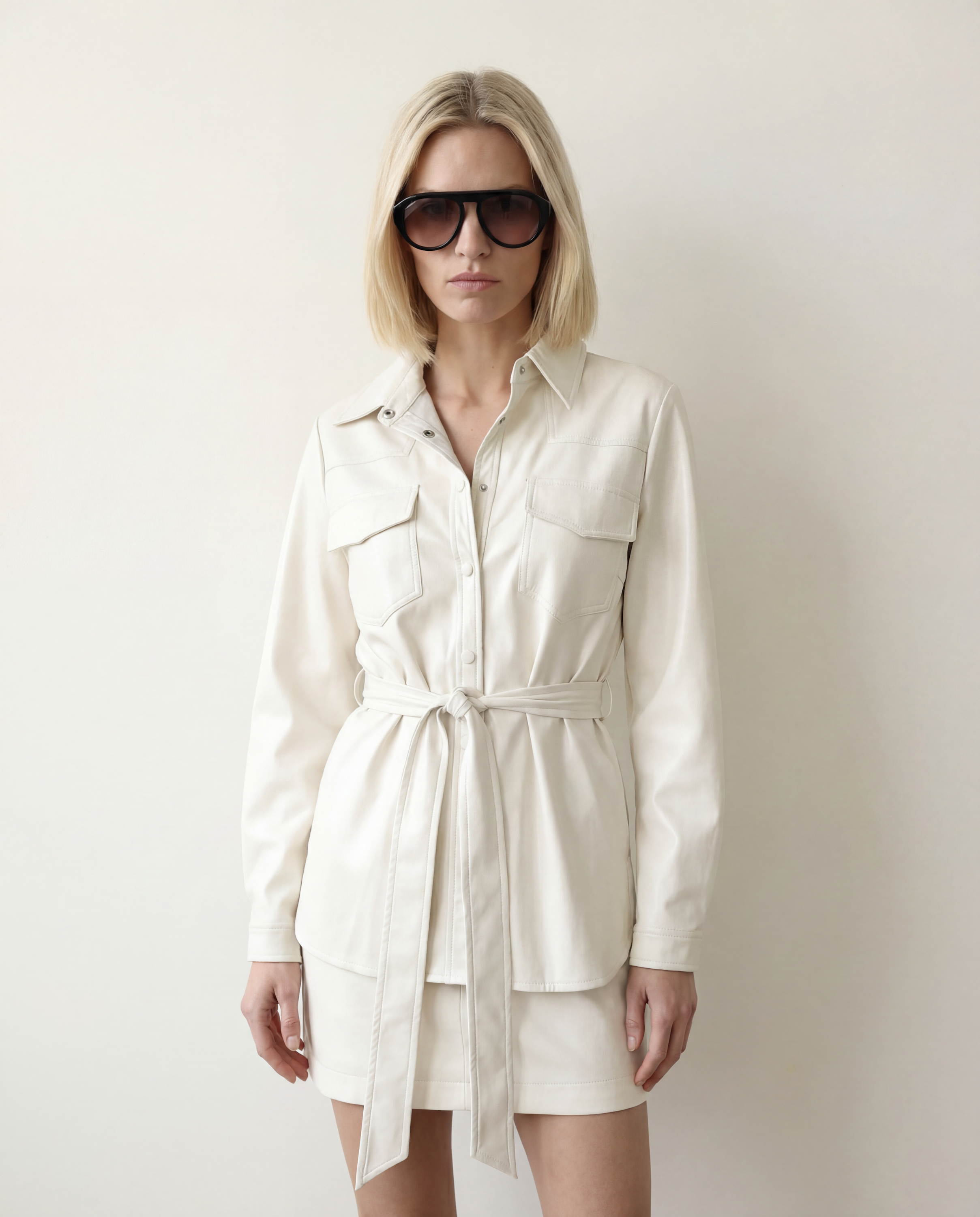 Woman wearing a white shirt dress with a belt against a plain background