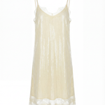 Beige slip dress with lace trim on a white background