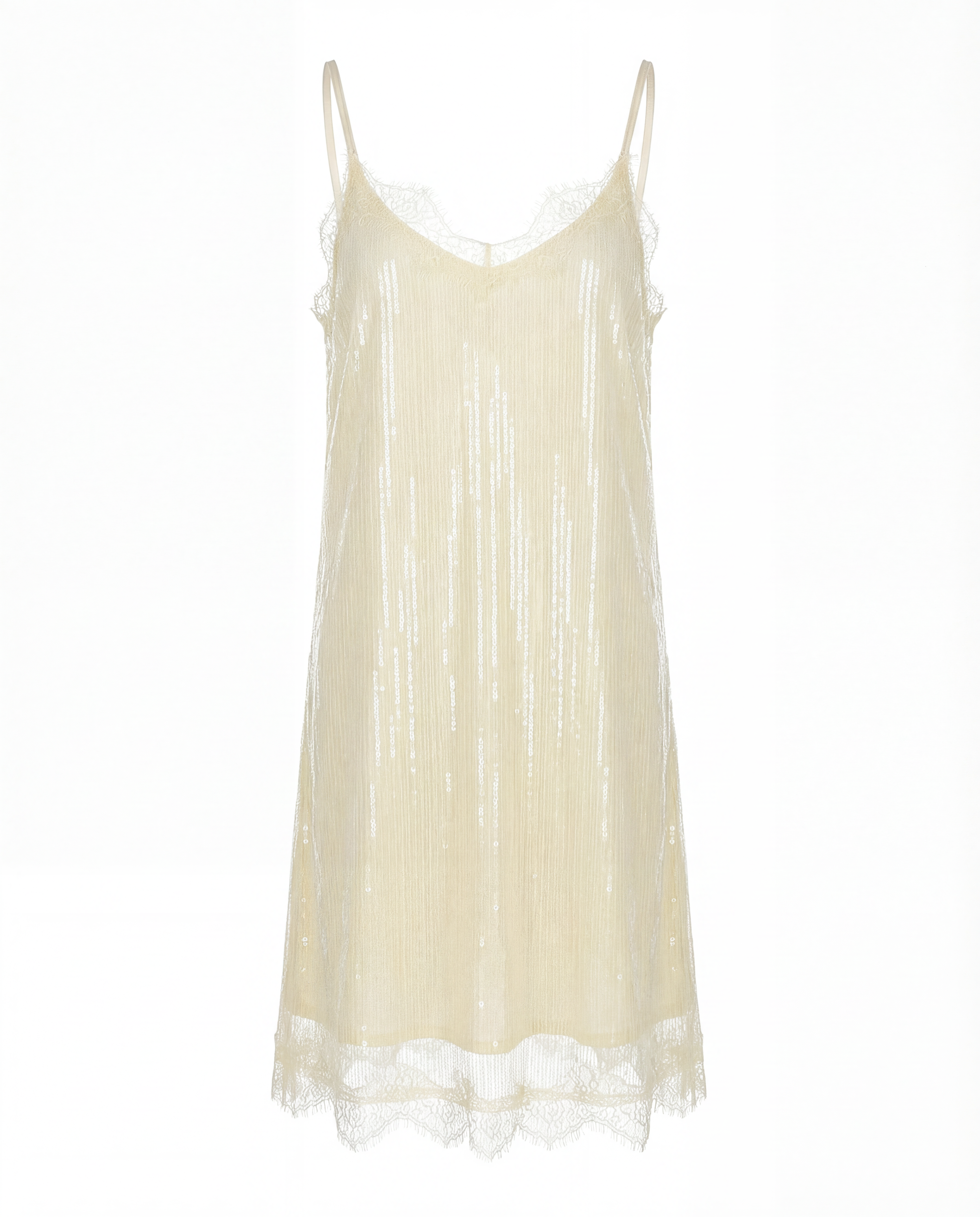 Beige slip dress with lace trim on a white background