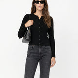 Ribbed Knit Button Front Black