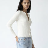 Ribbed Button Front Top Ivory