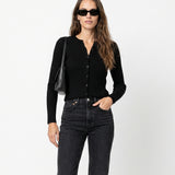 Ribbed Knit Button Front Black