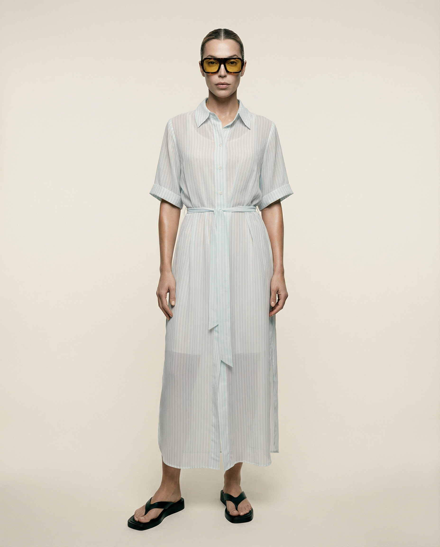 striped chiffon dress 70s Striped Chiffon Gown With Optional Tie Waist